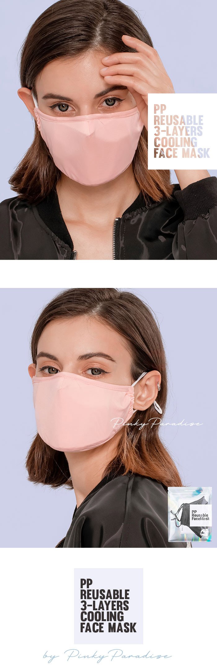 PP Reusable 3 layers Colling Face Mask in pink color