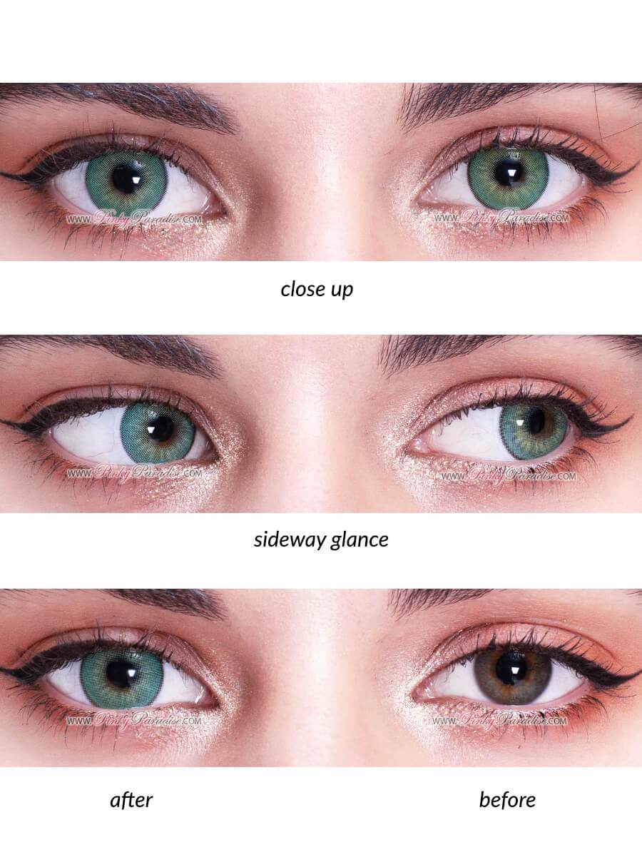 Before and after wearing Princess Pinky Elementia Emerald green brown contacts