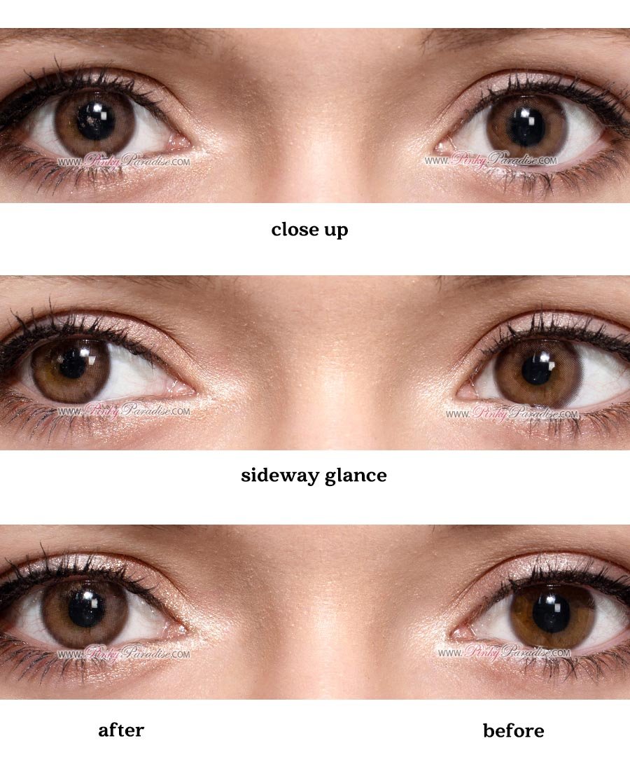before and after of wearing princess pinky peachy brown contact lenses