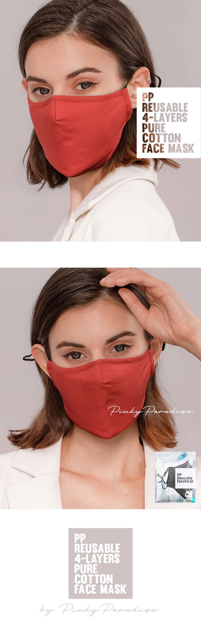 PP Reusable 4 layers Pure Cotton Face Mask in red color